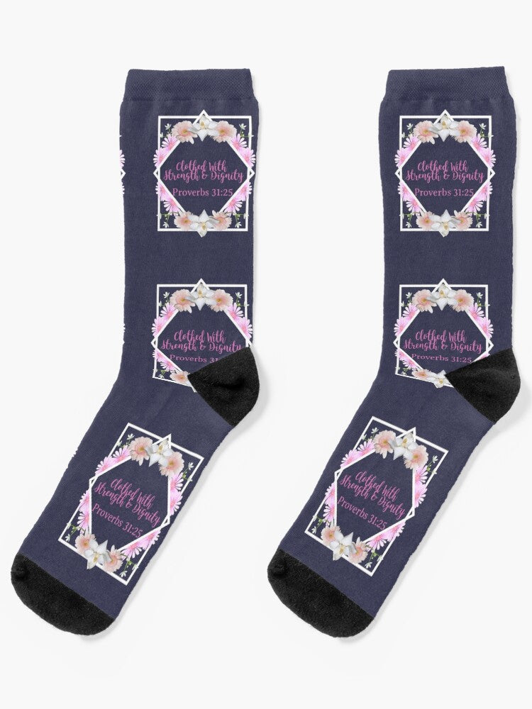 Clothed with Strength & Dignity Socks — Proverbs 31:25 Inspirational Scripture Crew Socks for Women, Faith-Filled Comfort & Encouragement Gift for Believers