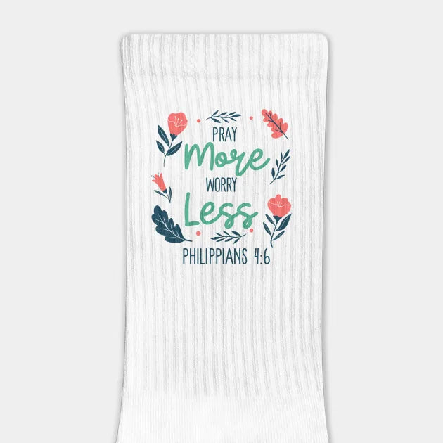 Pray More Worry Less Socks — Philippians 4:6 Inspirational Scripture Crew Socks, Christian Prayer Message, Everyday Comfort & Encouragement Gift