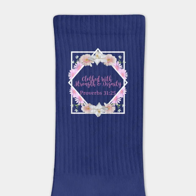 Saved in Strength & Dignity Socks — Proverbs 31:25 Scripture Crew Socks with Faith-Filled Message, Everyday Comfort for Christian Women, Inspirational Gift for Believers