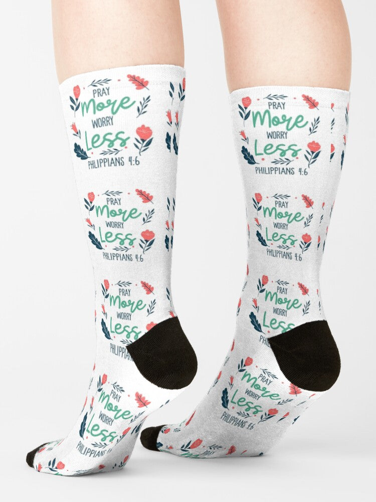 Pray More, Worry Less Socks — Philippians 4:6 Christian Scripture Crew Socks with Encouraging Faith Message, Comfort-First Everyday Wear & Inspirational Gift for Believers
