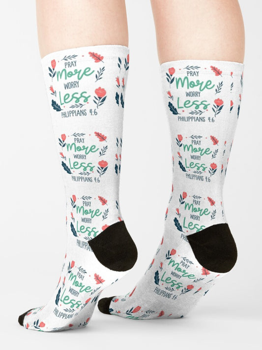 Pray More, Worry Less Socks — Philippians 4:6 Christian Scripture Crew Socks with Encouraging Faith Message, Comfort-First Everyday Wear & Inspirational Gift for Believers