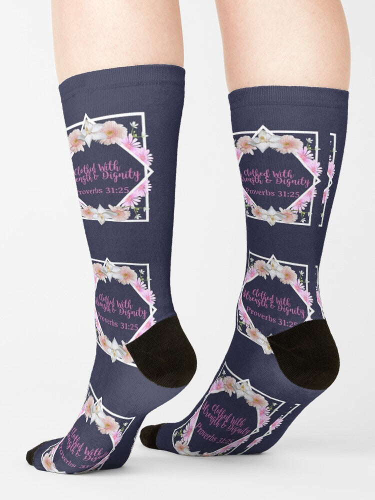 Clothed with Strength & Dignity Socks — Proverbs 31:25 Inspirational Scripture Crew Socks for Women, Faith-Filled Comfort & Encouragement Gift for Believers