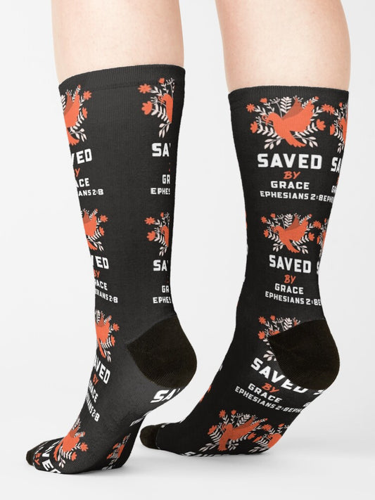 Saved by Grace Socks — Ephesians 2:8 Christian Scripture Crew Socks with Powerful Gospel Message, Faith-Centered Comfort & Inspirational Gift for Believers