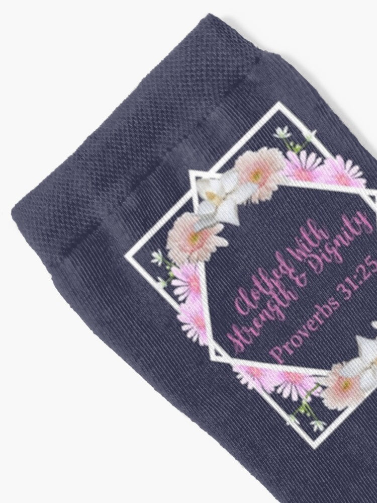 Clothed with Strength & Dignity Socks — Proverbs 31:25 Inspirational Scripture Crew Socks for Women, Faith-Filled Comfort & Encouragement Gift for Believers