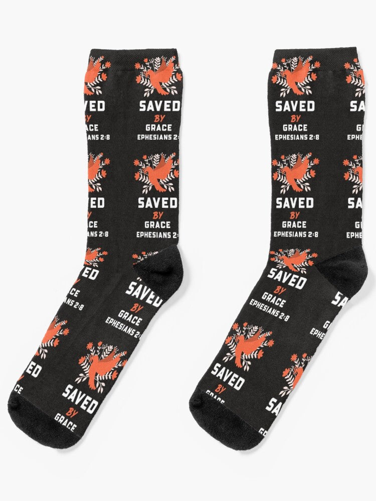 Saved by Grace Socks — Ephesians 2:8 Christian Scripture Crew Socks with Powerful Gospel Message, Faith-Centered Comfort & Inspirational Gift for Believers