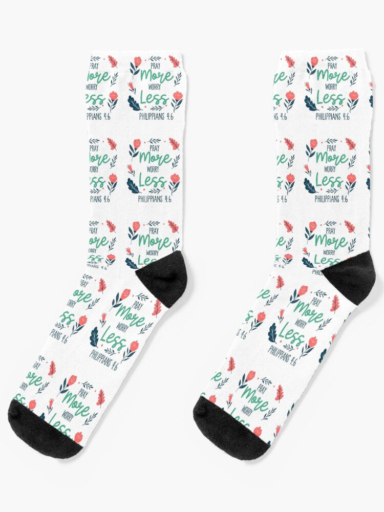 Pray More, Worry Less Socks — Philippians 4:6 Christian Scripture Crew Socks with Encouraging Faith Message, Comfort-First Everyday Wear & Inspirational Gift for Believers